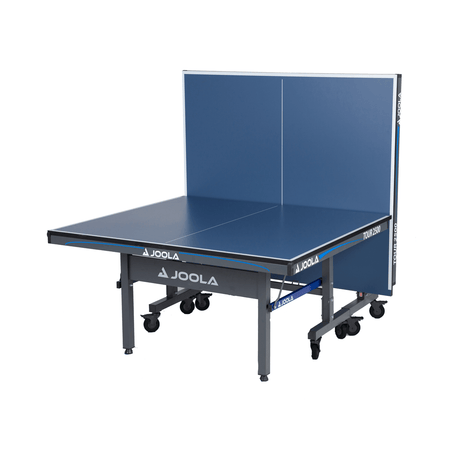 Compact blue ping pong table with wheels.