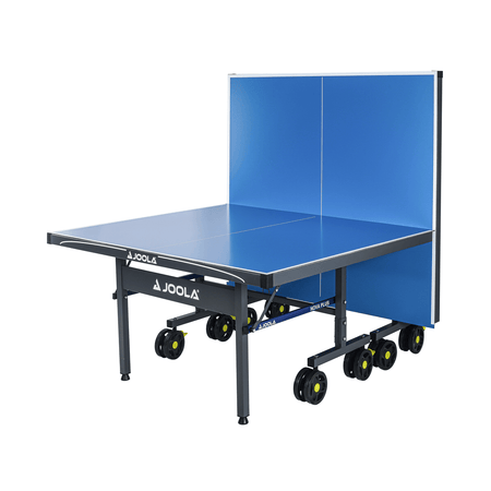 Foldable blue table tennis table on wheels