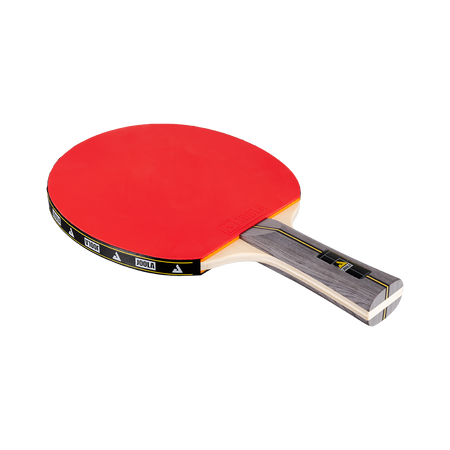 Table tennis racket with red rubber surface.