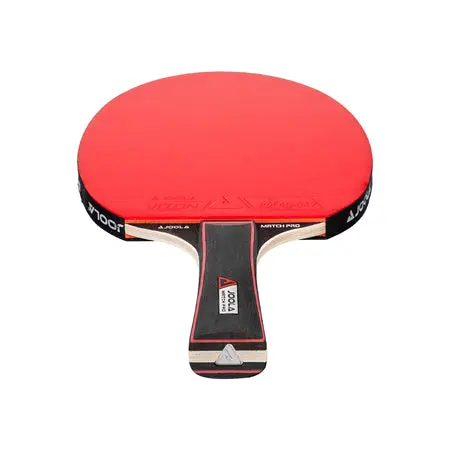 Red table tennis paddle on white background.