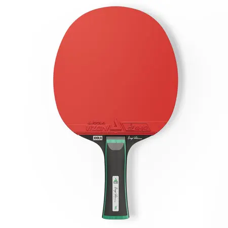 Red table tennis paddle on white background.