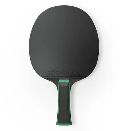 Black table tennis paddle with green handle.