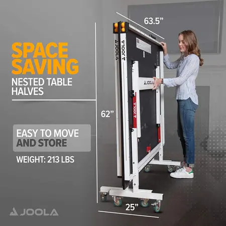 Woman storing folded ping pong table