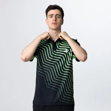 Individual in geometric design athletic wear