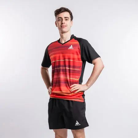 Athlete wearing red and black sportswear