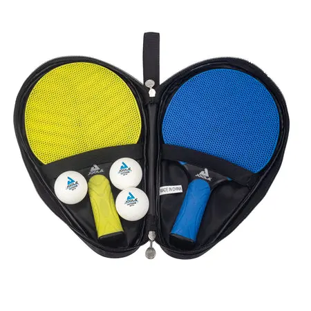 Yellow and blue ping pong paddles set