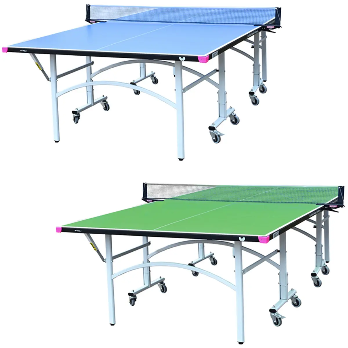 Blue and green ping pong tables
