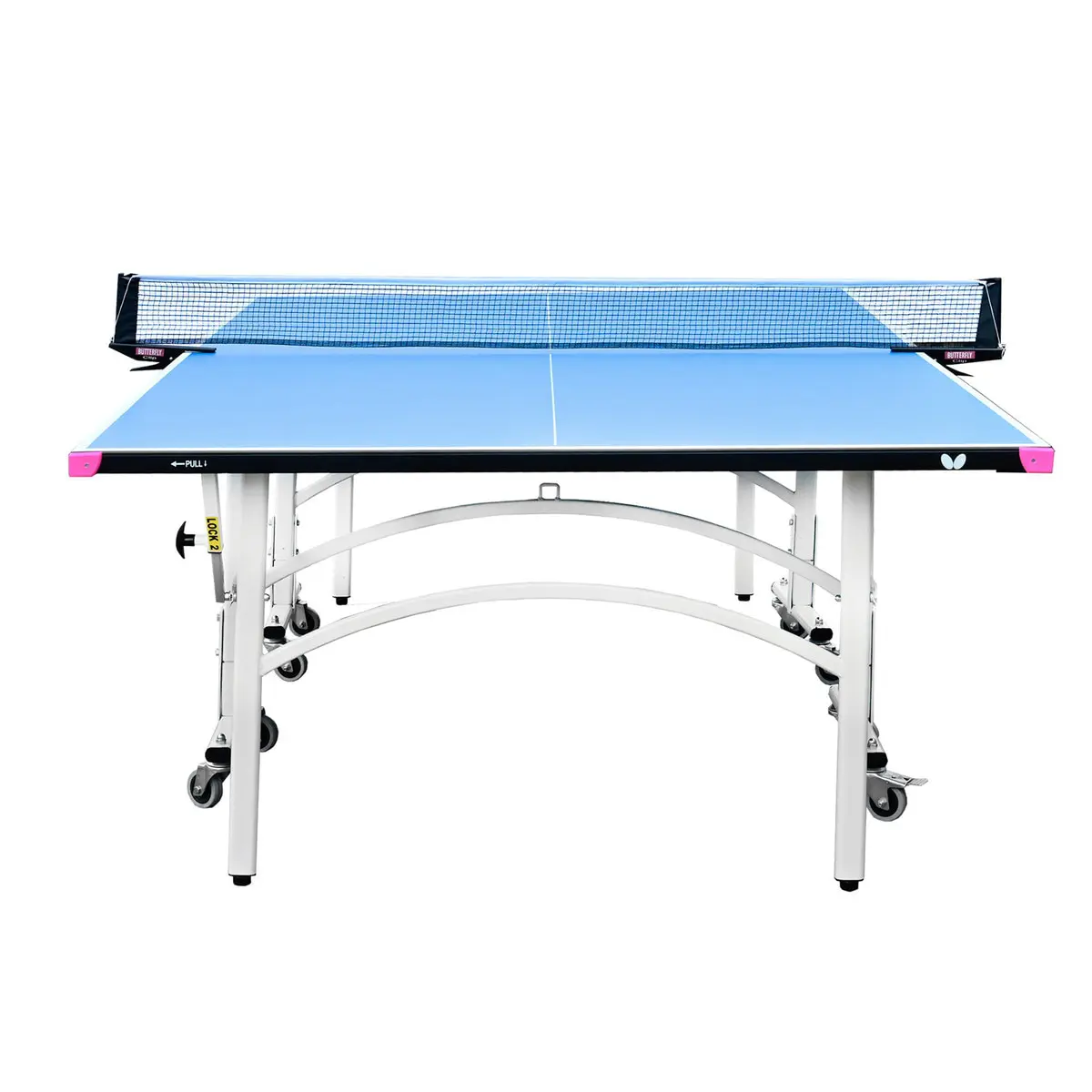 Blue table tennis setup with net