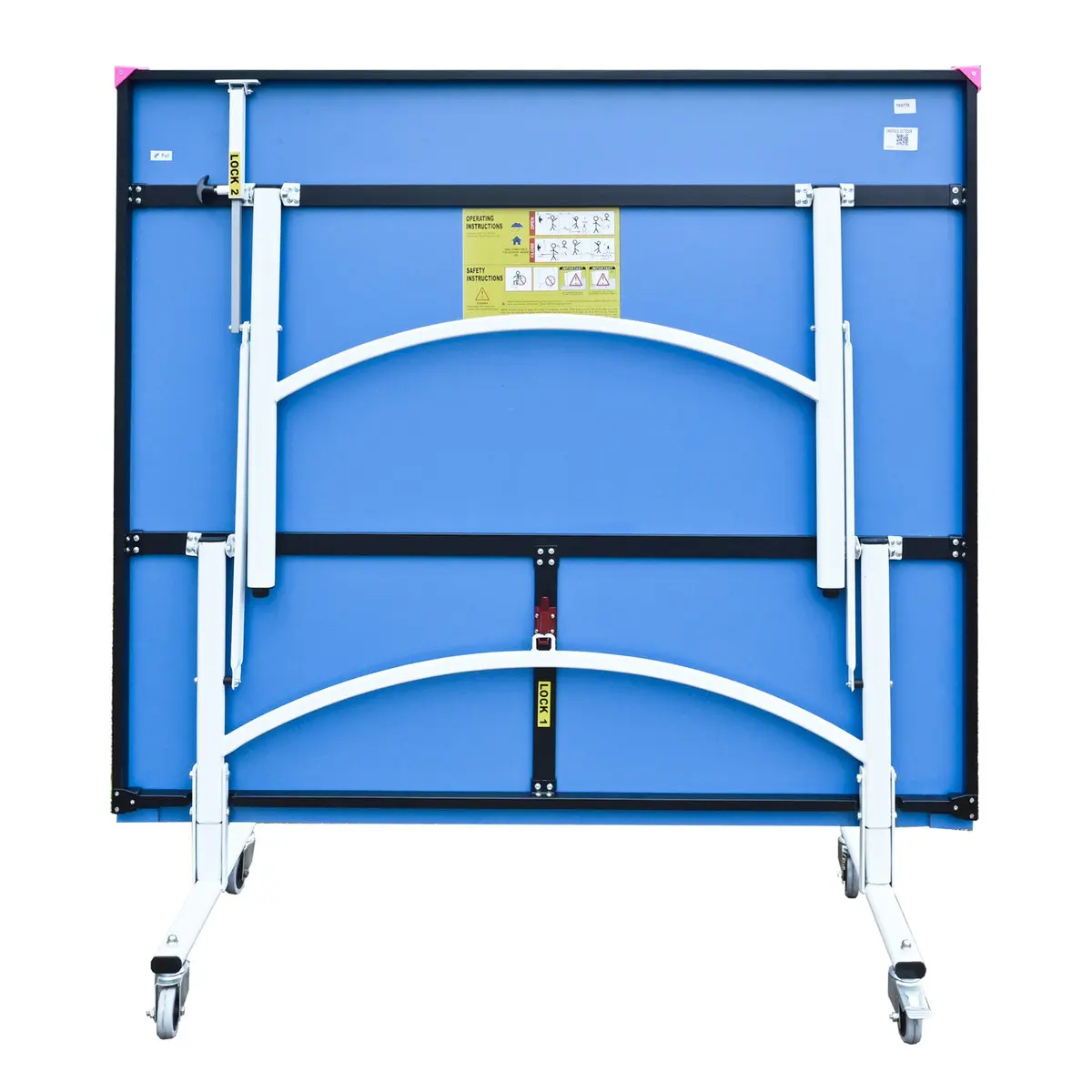 Portable blue table tennis table folded up.
