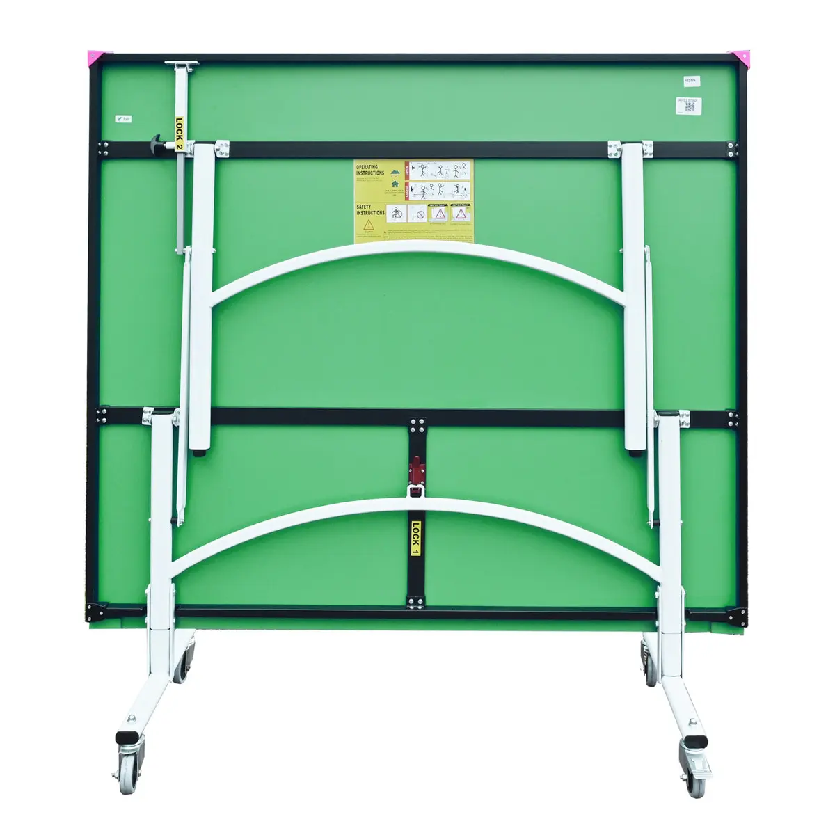 Folded green table tennis table on wheels