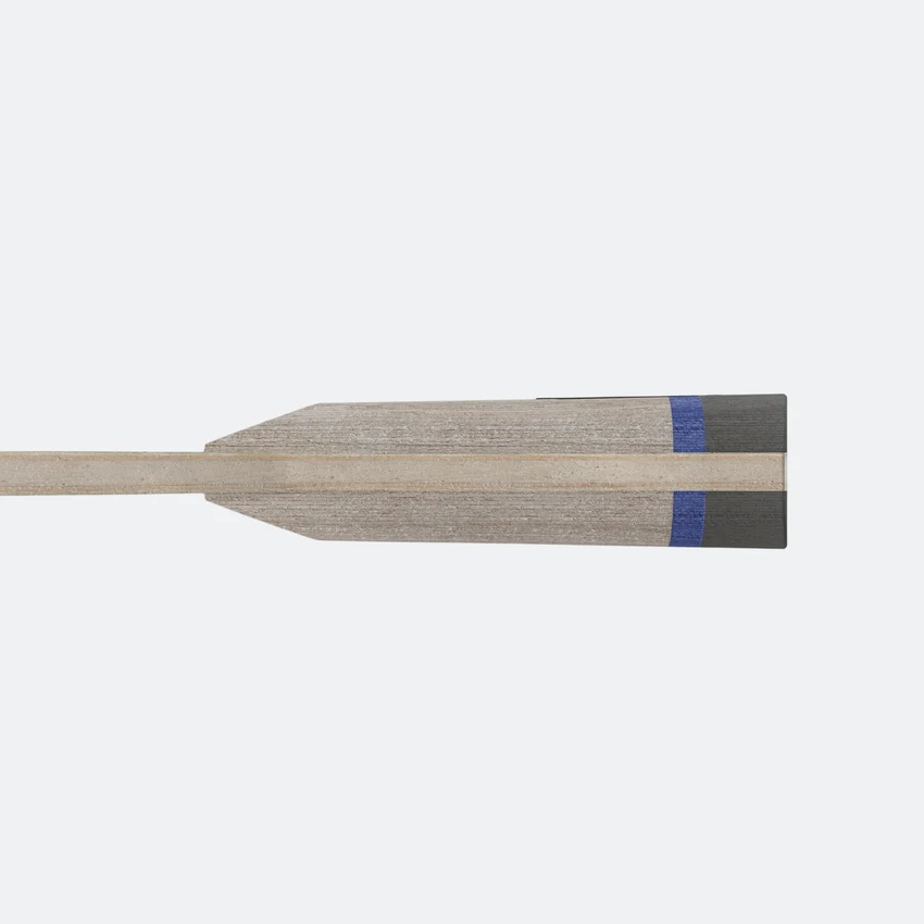 Wooden canoe paddle with blue stripes