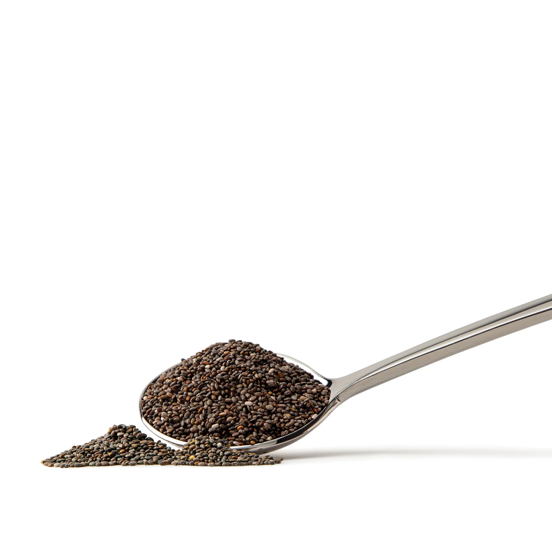 Spoon with chia seeds on white background