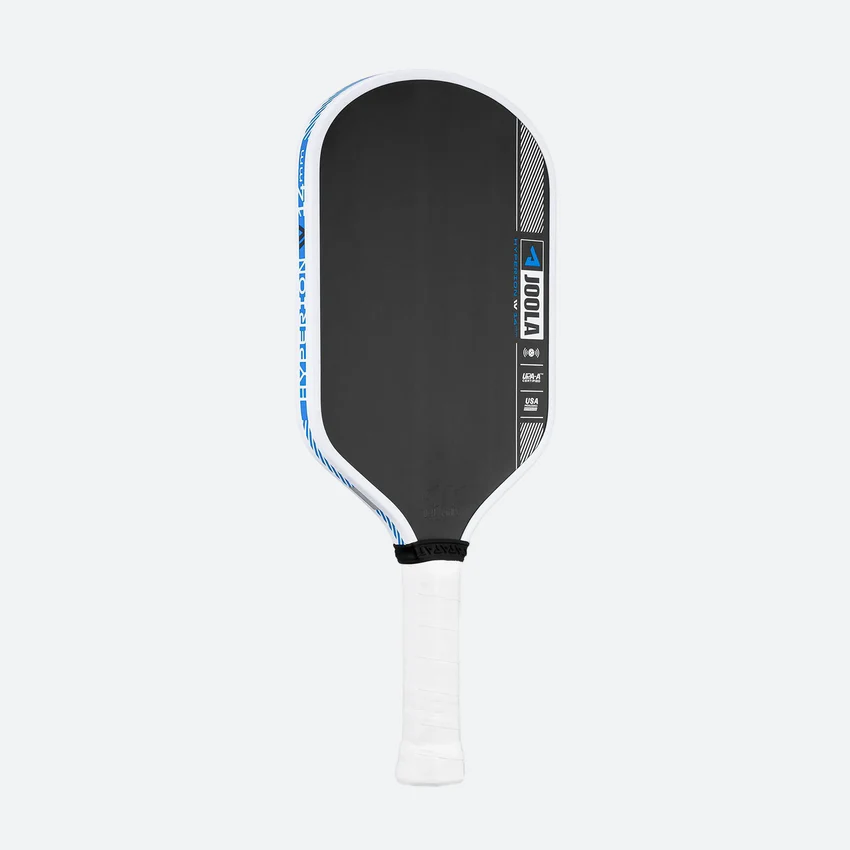 Black pickleball paddle with white handle