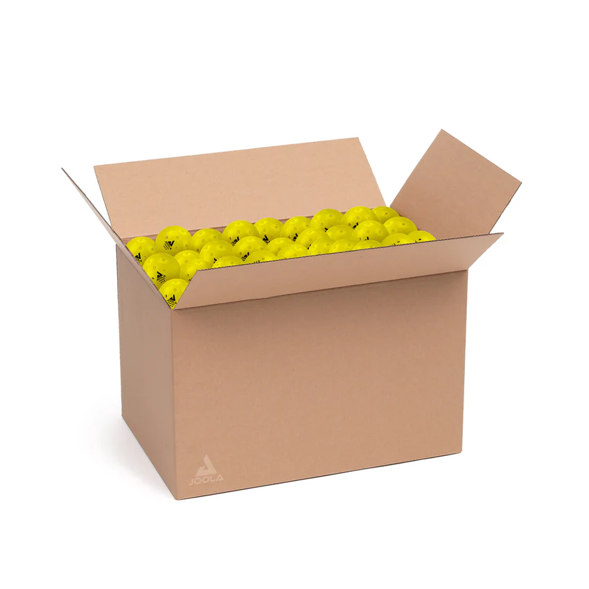 Open cardboard box with yellow balls