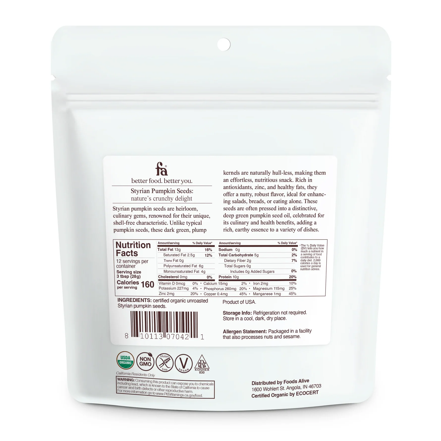 Back of pumpkin seed package