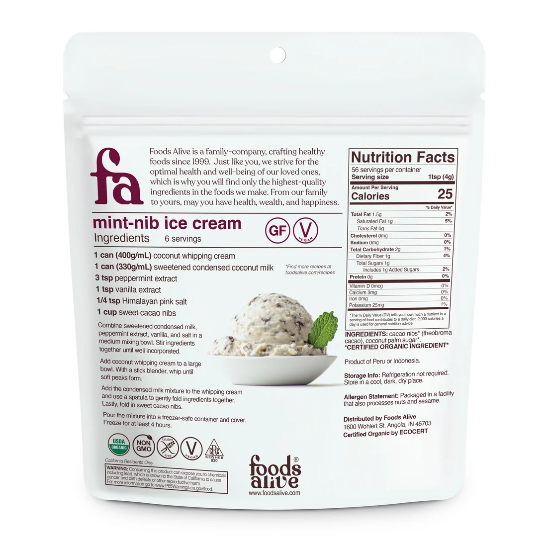 Nutritional label on ice cream packet
