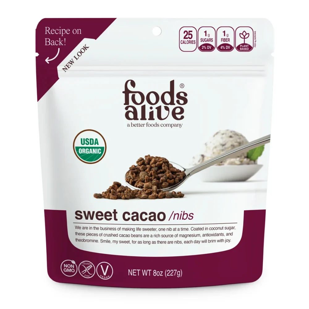 Sweet cacao nibs with nutrition details