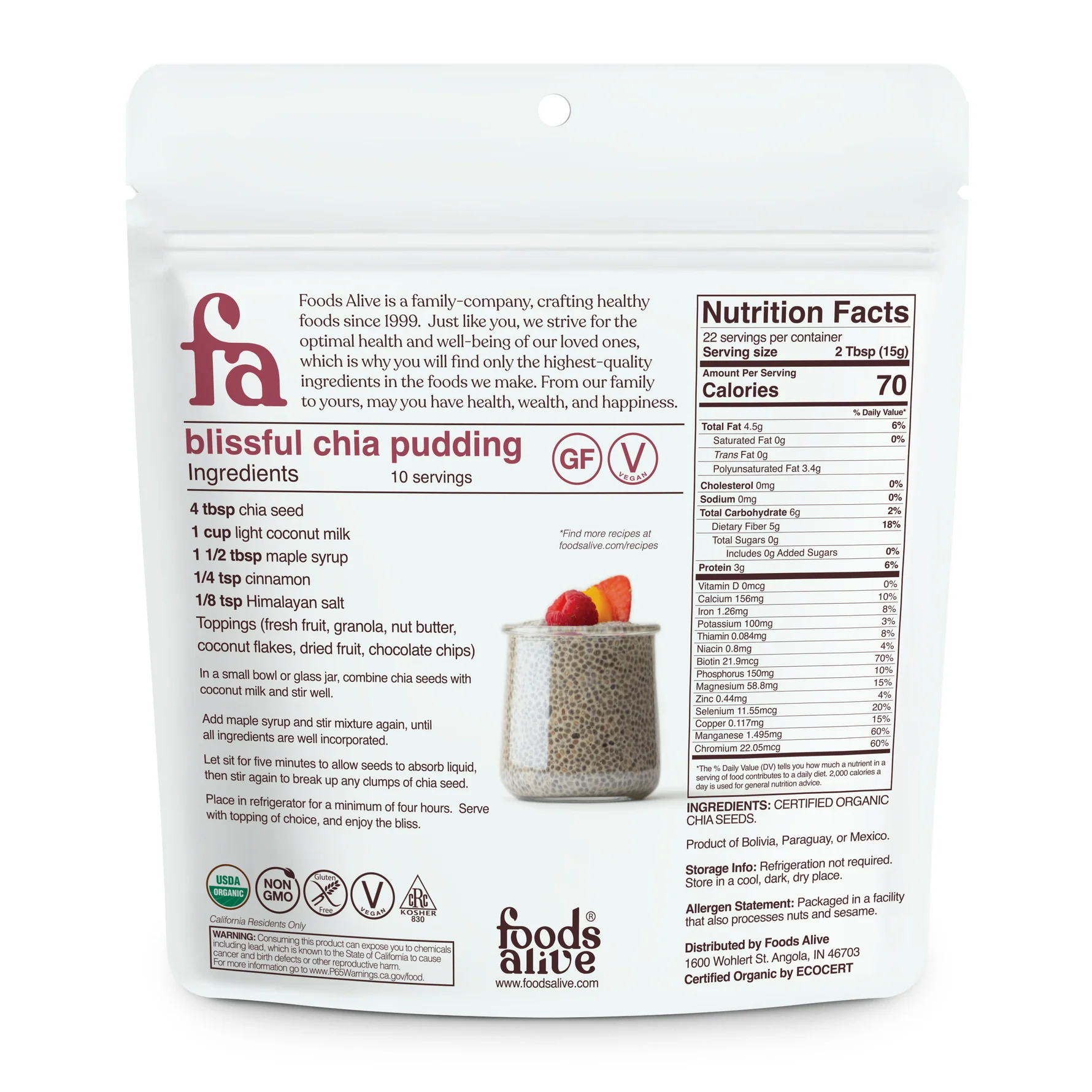 Foods Alive chia pudding mix